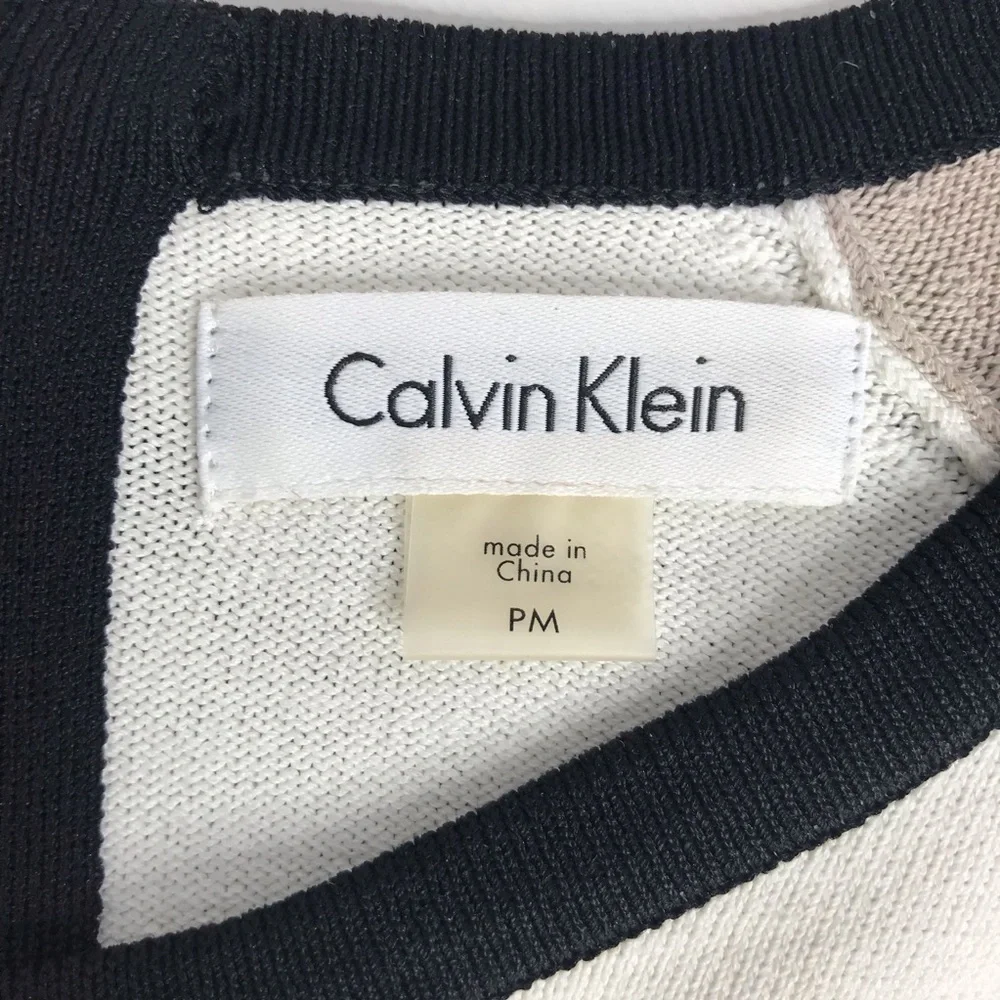 CALVIN KLEIN M Petite Colorblock Knit Long Sleeve Dress Black Taupe Cream MP - Picture 4 of 15